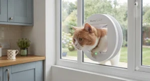 Close-up of a microchip-operated cat flap installed in a window frame scanning a cat.