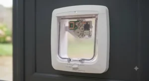 Close-up of a microchip door-mounted cat flap showing the advanced locking mechanism