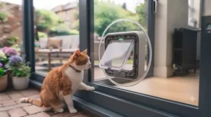 The interior view of a sleek, professionally installed cat flap sitting flush within a living room sliding glass door.