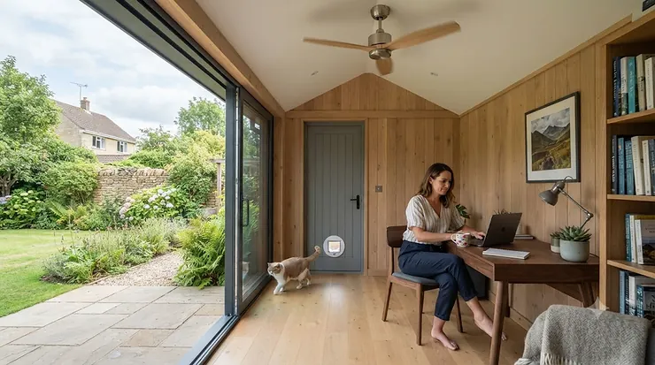 Modern garden office interior featuring a sleek ceiling fan for summer cooling and a microchip cat flap installed in the back door.