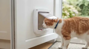 Close-up of a cat approaching a smart pet door, highlighting selective entry features for managing multiple cats in the home.