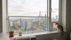 High-rise apartment window fitted with a sturdy metal safety grille for multi-storey cat ownership.