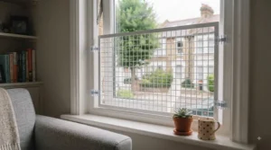 Removable no-drill cat window guard designed for rented accommodation and modern apartments.