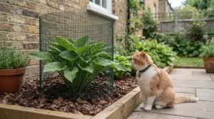 Weather-resistant cat-proof plant protectors installed in a British garden patio pot to stop cats from using soil as a litter box.