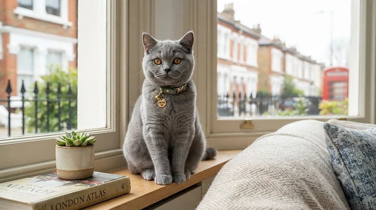 A stylish British shorthair cat wearing a safe, personalised cat collar with an engraved name tag. personalised cat collar