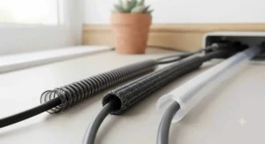 Close-up of flexible plastic and silicone wire tubing used as chew-resistant cord protectors for cats