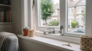 Window safety restrictor lock allowing secure ventilation for flat-dwelling cats in the UK.