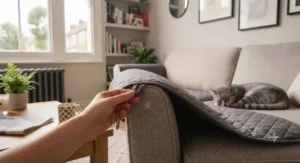 A premium dark grey sofa protector for cats neatly fitted on a contemporary couch, blending seamlessly into a modern UK home decor style.