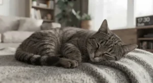 A contented cat relaxing indoors, summarising the benefits and limitations of using a bell collar to protect British wildlife.