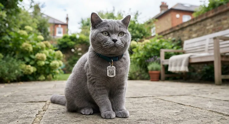 A stylish cat wearing a durable metal QR code cat tag on its collar, sitting in a British living room. QR code cat tag