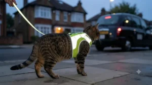 High-visibility reflective vest harness for cats, designed for safe evening strolls around the neighbourhood.