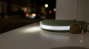 Reflective safety strip glowing on a custom cat collar for nighttime visibility outdoors.