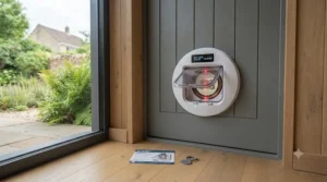 Close-up view of a microchip cat flap sensor mechanism designed to keep local neighbourhood strays and wildlife out of the garden office.