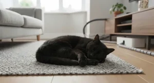 A relaxed black cat curled up safely asleep on a rug in a modern living room with protected wiring