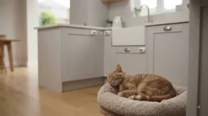 A relaxed cat resting in a pet-safe kitchen featuring locked cabinets and cupboards.