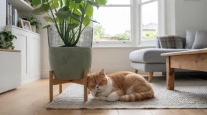A contented cat relaxing near a potted plant fitted with a discreet cat-proof plant protector.