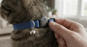 Demonstration of how a safe, quick-release cat collar should fit comfortably around a cat's neck with proper two-finger clearance.
