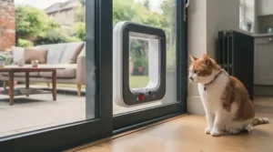 Close-up of a multi-point locking system on a cat flap designed for glass sliding doors to maintain home security.