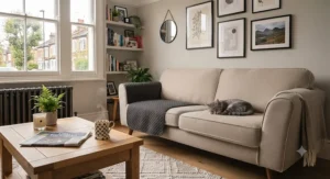 Close-up of securing the armrest flap on a dark grey quilted sofa protector for cats, designed to shield high-wear areas from scratches.