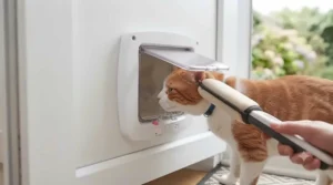 Step-by-step diagram showing how to programme individual microchips into a selective entry cat flap for multi-cat households.