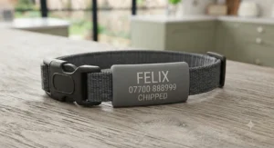 A silent slide-on cat ID tag attached securely to a standard quick-release cat collar.