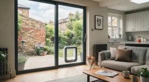 Step-by-step diagram showing how a pet door insert is fitted into a double-glazed sliding glass patio door.