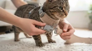 Diagram illustrating a simple step-in design for putting a comfortable vest harness on an indoor cat.