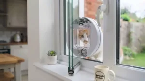 A sliding sash window fitted with a temporary perspex panel and integrated cat flap for summer ventilation.