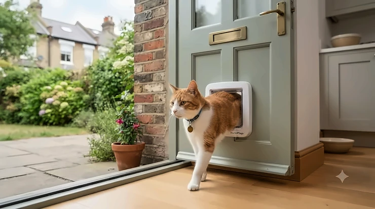 A ginger cat walking through an affordable cat flap installed in a white UPVC back door, representing the best budget cat flaps under £50 in the UK. top cat flaps under £50