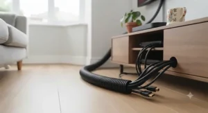 Heavy-duty ribbed tubing hiding a bundle of television and games console wires behind a living room unit