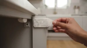 Flat lay displaying various styles of cat safety cabinet latches and locks available in the UK.