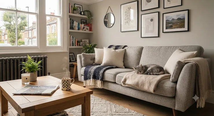 A cosy British living room with a tabby cat sleeping peacefully on a modern grey sofa next to a wooden coffee table and traditional sash window. sofa protector for cats