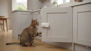 Under-sink bathroom cabinet fitted with safety latches to keep cleaning products away from pets.