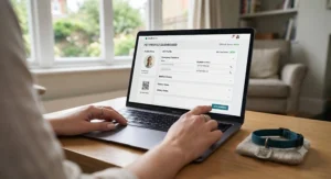 A laptop screen showing an easy-to-update online profile linked to a QR code cat tag.
