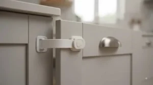 A homeowner using a magnetic key to open a cat-proofed kitchen cabinet.