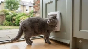 A cat flap fitted with a tunnel extension through an exterior brick wall for indoor-outdoor access.
