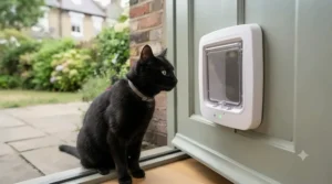 Close-up of a weather-resistant brush strip seal on a budget cat flap to prevent winter draughts.