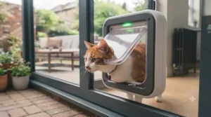 Detailed view of the brush seals and magnetic closure on a glass-fitted cat flap to keep out British draughts and rain.
