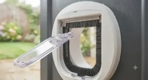 Detailed view of the brush seal on a weatherproof door-mounted cat flap