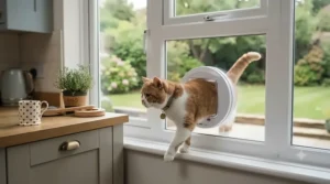 A professional cat flap fitted neatly into a double-glazed window panel in a British home.
