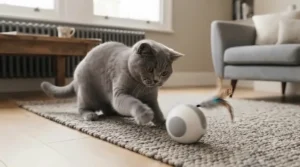 A playful domestic cat chasing the interactive app-controlled cat toy for iPhone across a wooden floor.