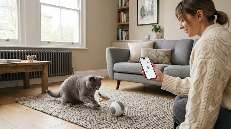 App-controlled cat toy for iPhone resting on a modern British living room rug, ready for interactive feline play. app-controlled cat toy for iPhone