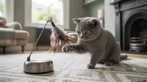 An automatic electronic cat teaser toy with a moving feather wand for playful kittens.