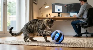 Indoor cat playing independently with an automatic robotic toy while owner works at a desk nearby.