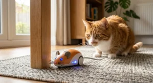 Smart robotic cat toy using automatic obstacle sensors to dodge living room furniture while a ginger moggy watches.