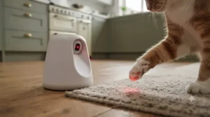 Close-up of an interactive laser cat toy showing adjustable speed settings and erratic movement patterns.