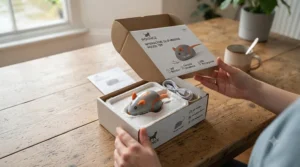 Opening the box of a smart self-moving cat toy designed to keep indoor cats active