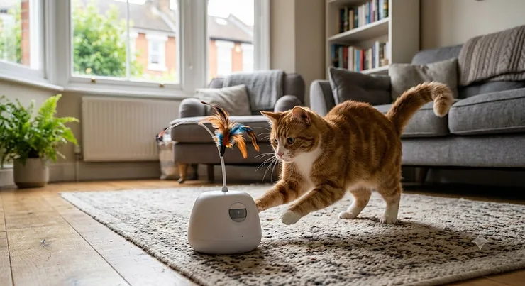 British shorthair cat playing with an interactive motion sensor cat toy on an oak living room floor. motion sensor cat toy for indoor cats