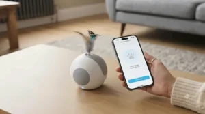 Smartphone screen displaying the app pairing process with the smart cat toy via Bluetooth in a British home setting.