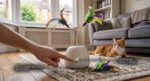 Durable, non-toxic plastic motion sensor cat toy shown beside soft replacement feathers.